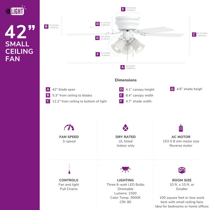 Inlight 42" White Classic 3 SpeedFlush Mount Ceiling Fan with Pull